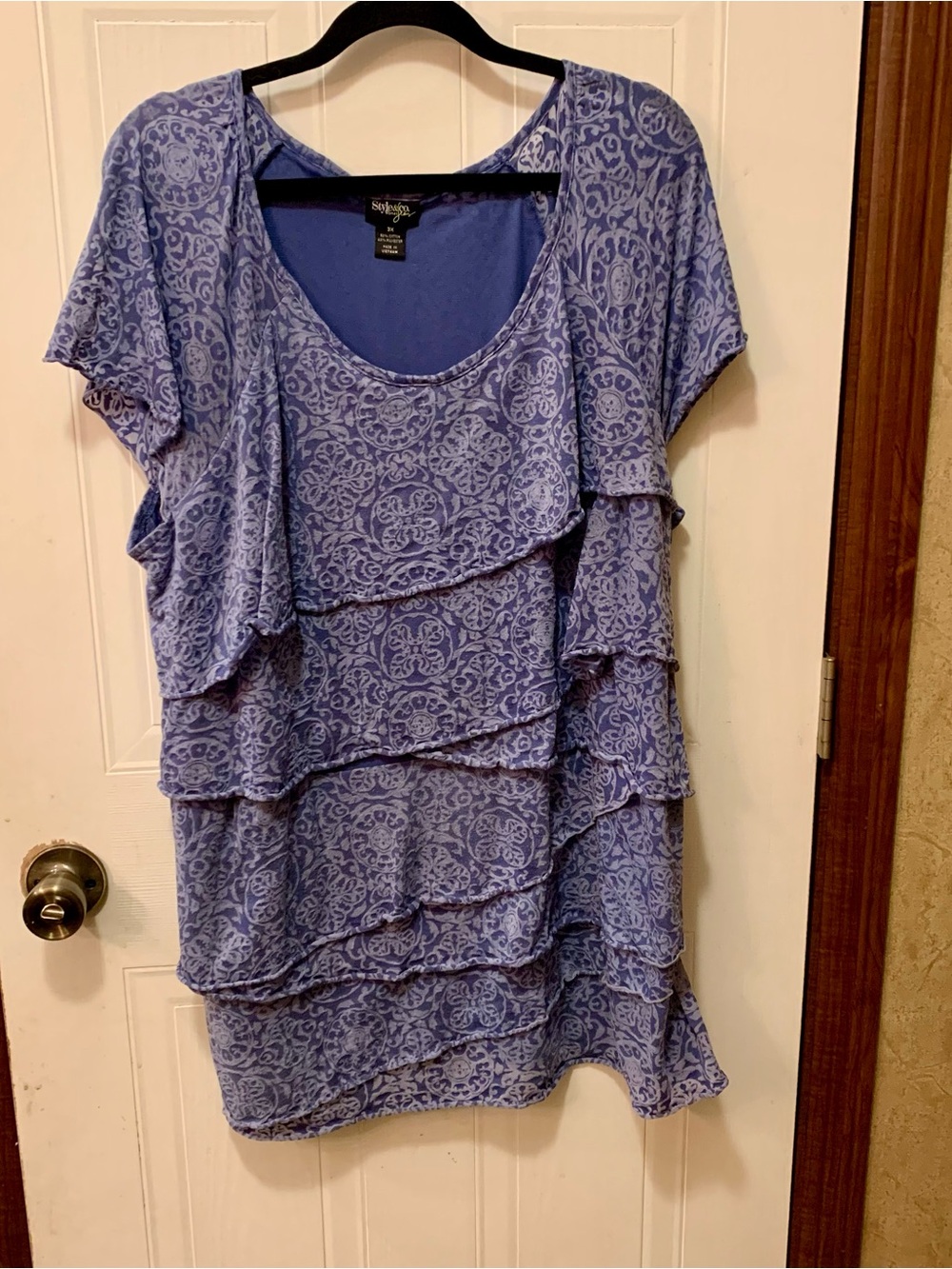 Style & Co Woman Blue Damask Print Tiered Ruffle Short Sleeve Top 3X